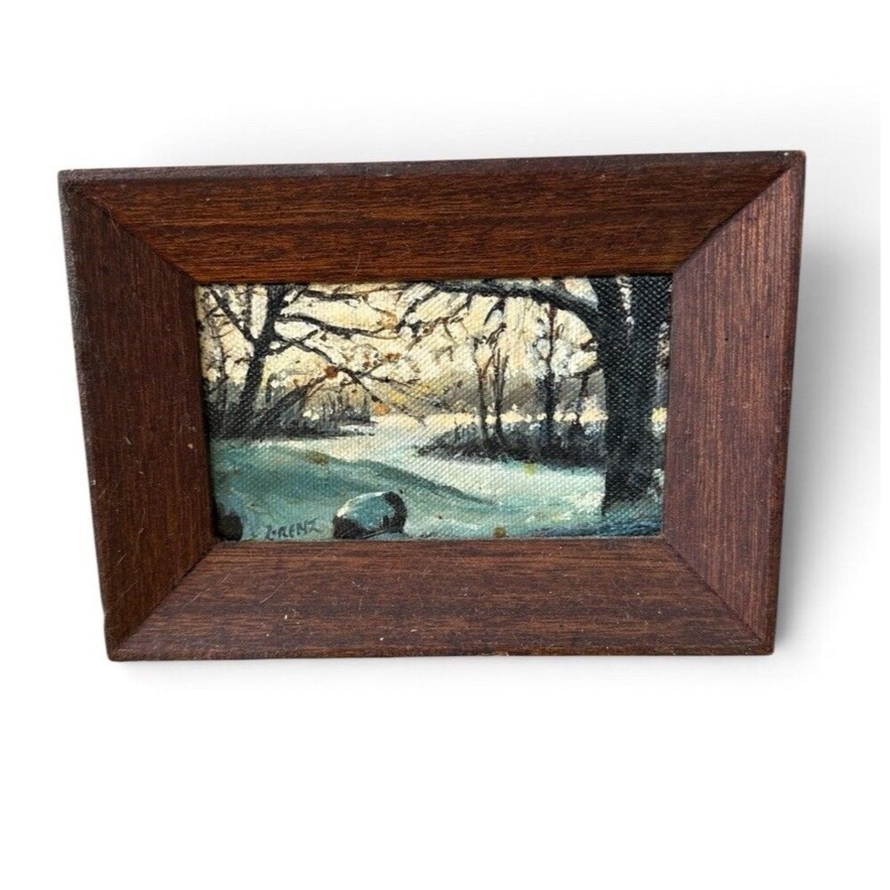 Mini Oil Painting Signed L. Reno Winter River Bank Wood Frame Gallery 5" x 3"